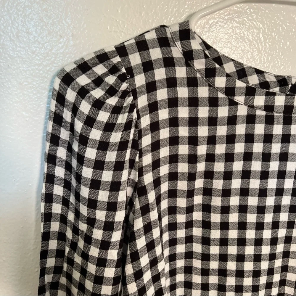 Loft Women's Size XS Blouse Long Puff Sleeve Black White Gingham Crewneck 552579